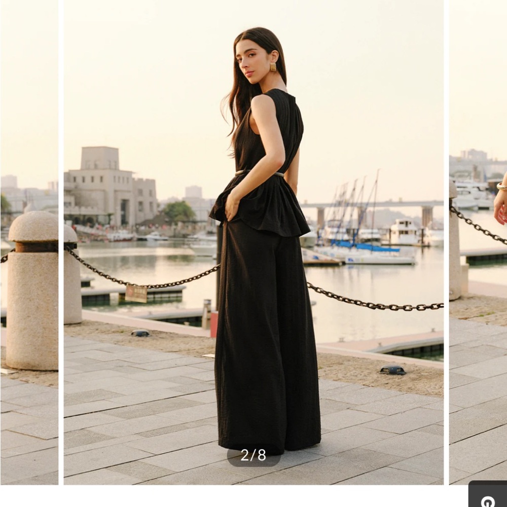 Commense Peplum Top Wide-Leg Pants Set With Belt - Picture 3 of 8